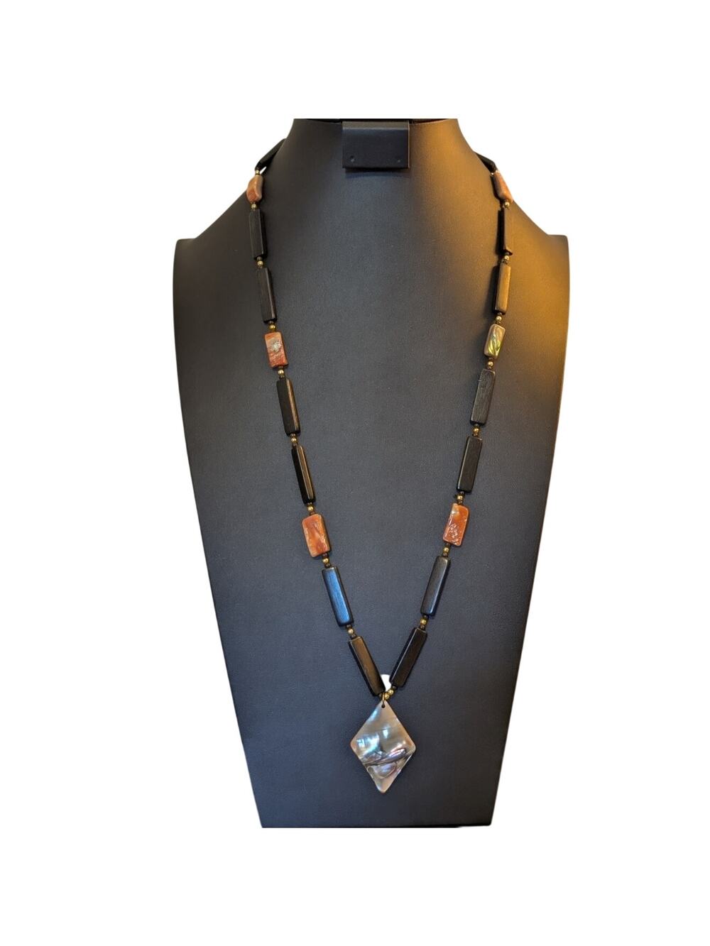 Vintage Abalone Shell Pendant Wooden Bead Shell Spacer Bead Necklace